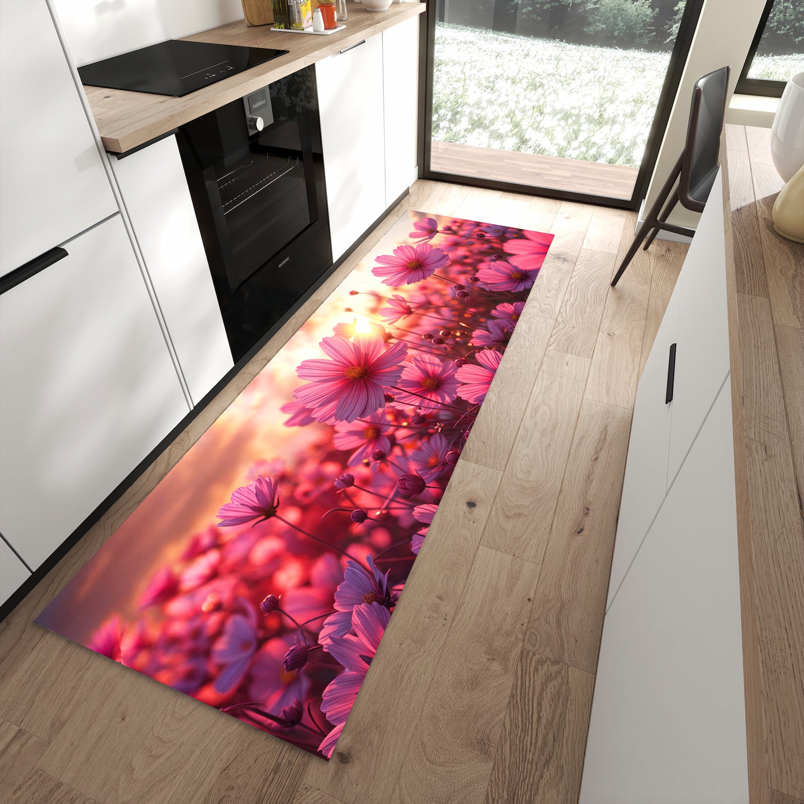 Schmutzabweisender Küchenläufer mit Motiv Blumenfeld Sonnenuntergang in moderner Küche