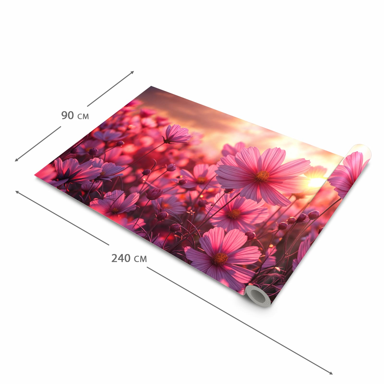 Bodenschonender Küchenteppich mit Motiv Blumenfeld Sonnenuntergang in der Grösse 60x270 cm