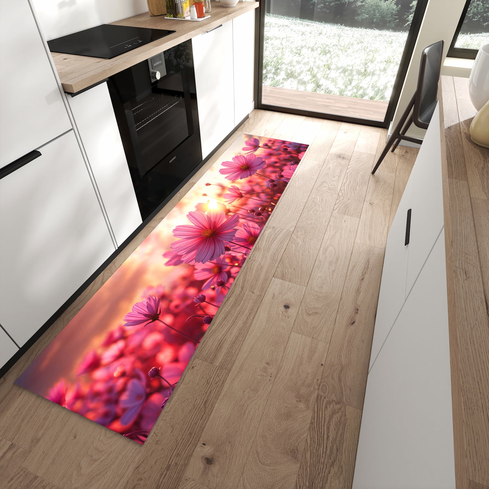 Abriebfester rutschfester Küchenläufer mit Motiv Blumenfeld Sonnenuntergang in moderner Küche