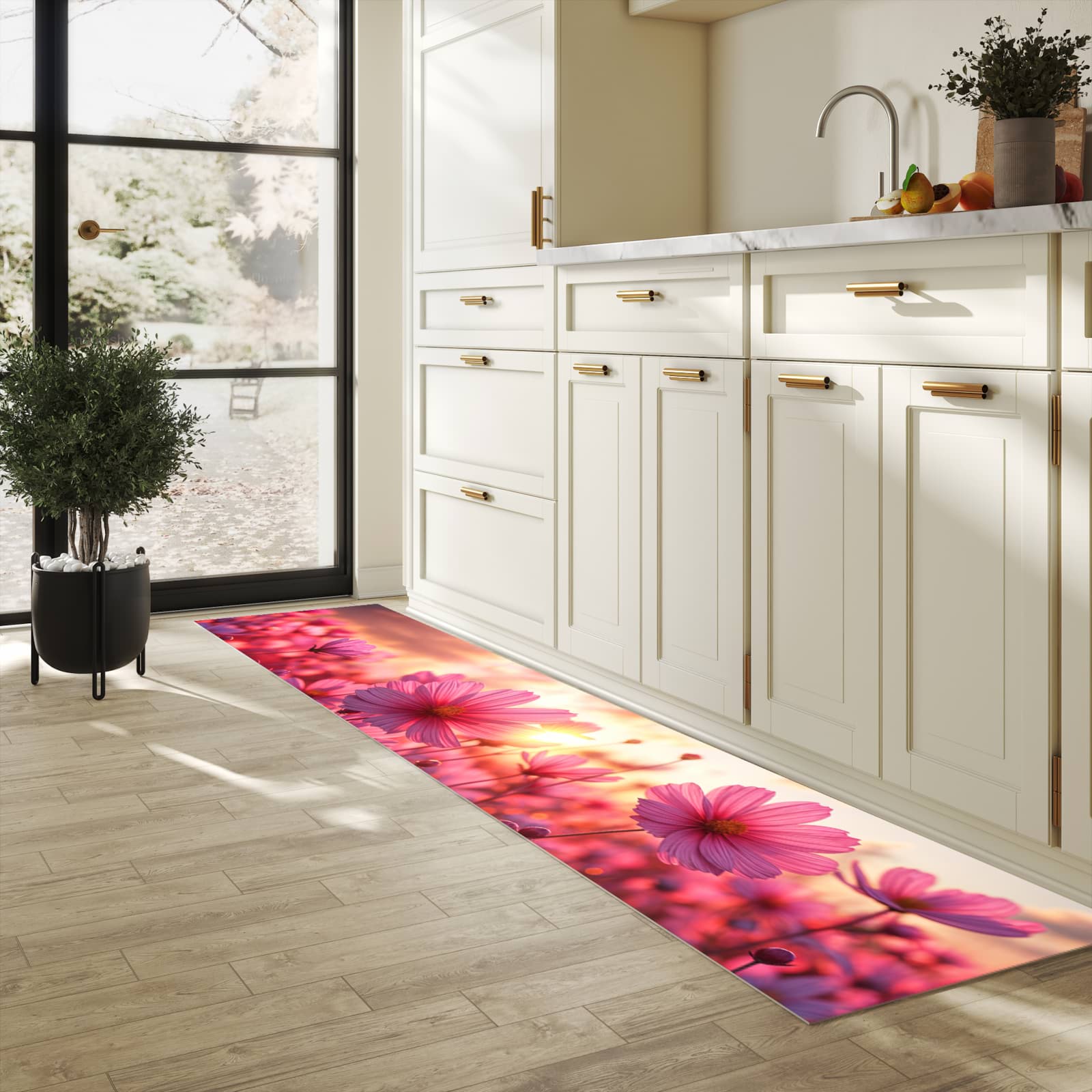 Fleckenresistenter waschbarer Teppich Küche mit Motiv Blumenfeld Sonnenuntergang in heller Küche