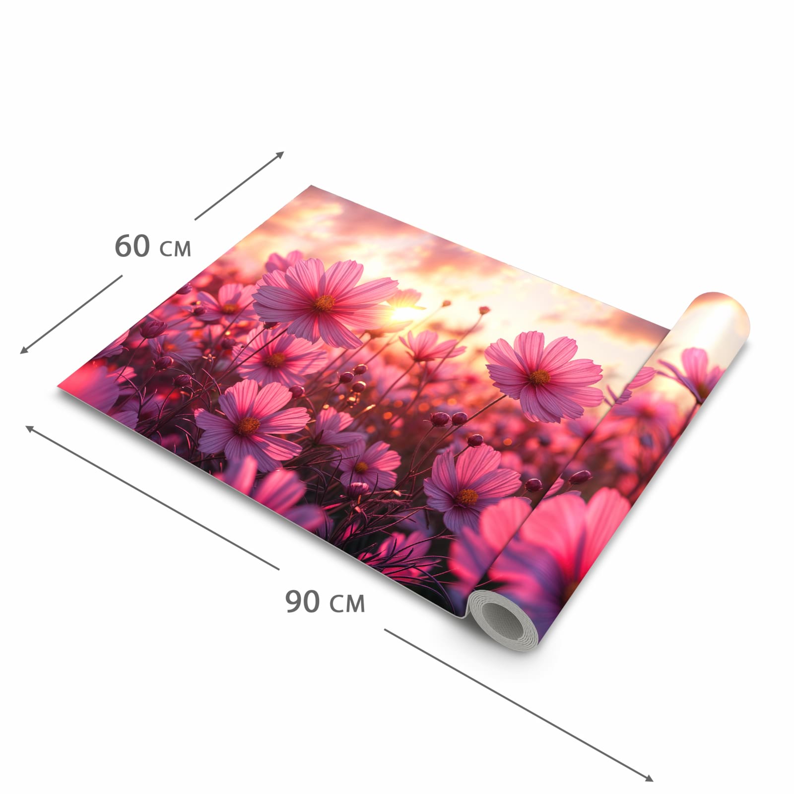 Waschbarer Küchenläufer nach Maß mit Motiv Blumenfeld Sonnenuntergang in der Größe 60x270 cm