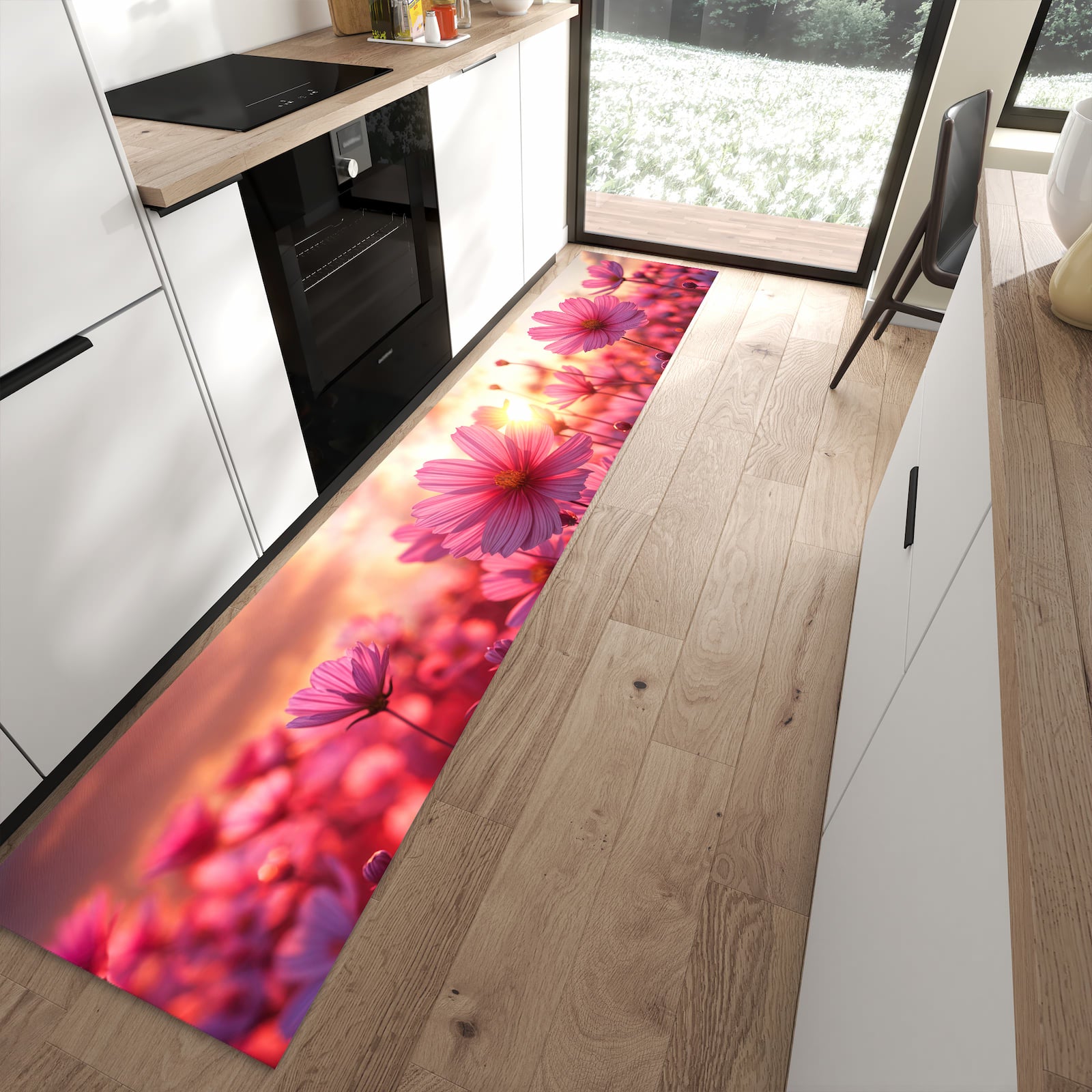 Komfortabler Küchenläufer nach Maß mit Motiv Blumenfeld Sonnenuntergang in moderner Küche