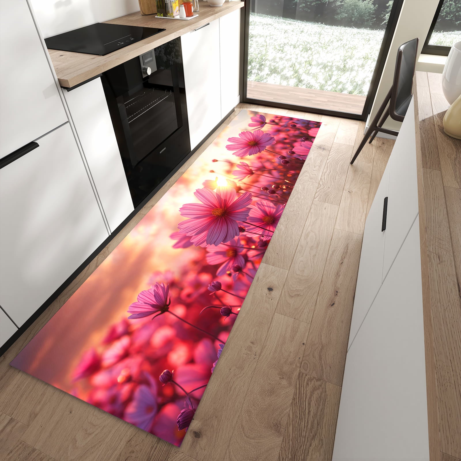 Geruchsneutraler abwaschbarer Küchenteppich mit Motiv Blumenfeld Sonnenuntergang in moderner Küche