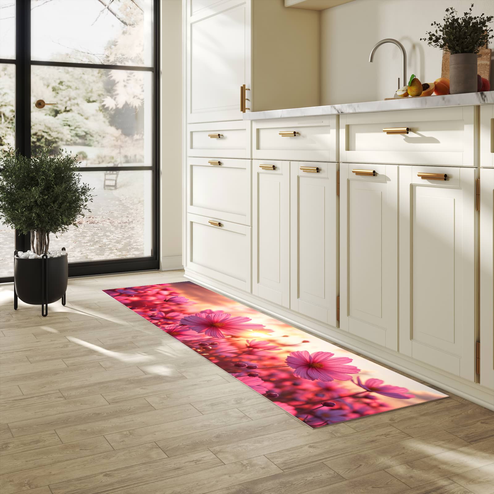 Küchenteppich mit Motiv Blumenfeld Sonnenuntergang für Trittkomfort in heller Küche