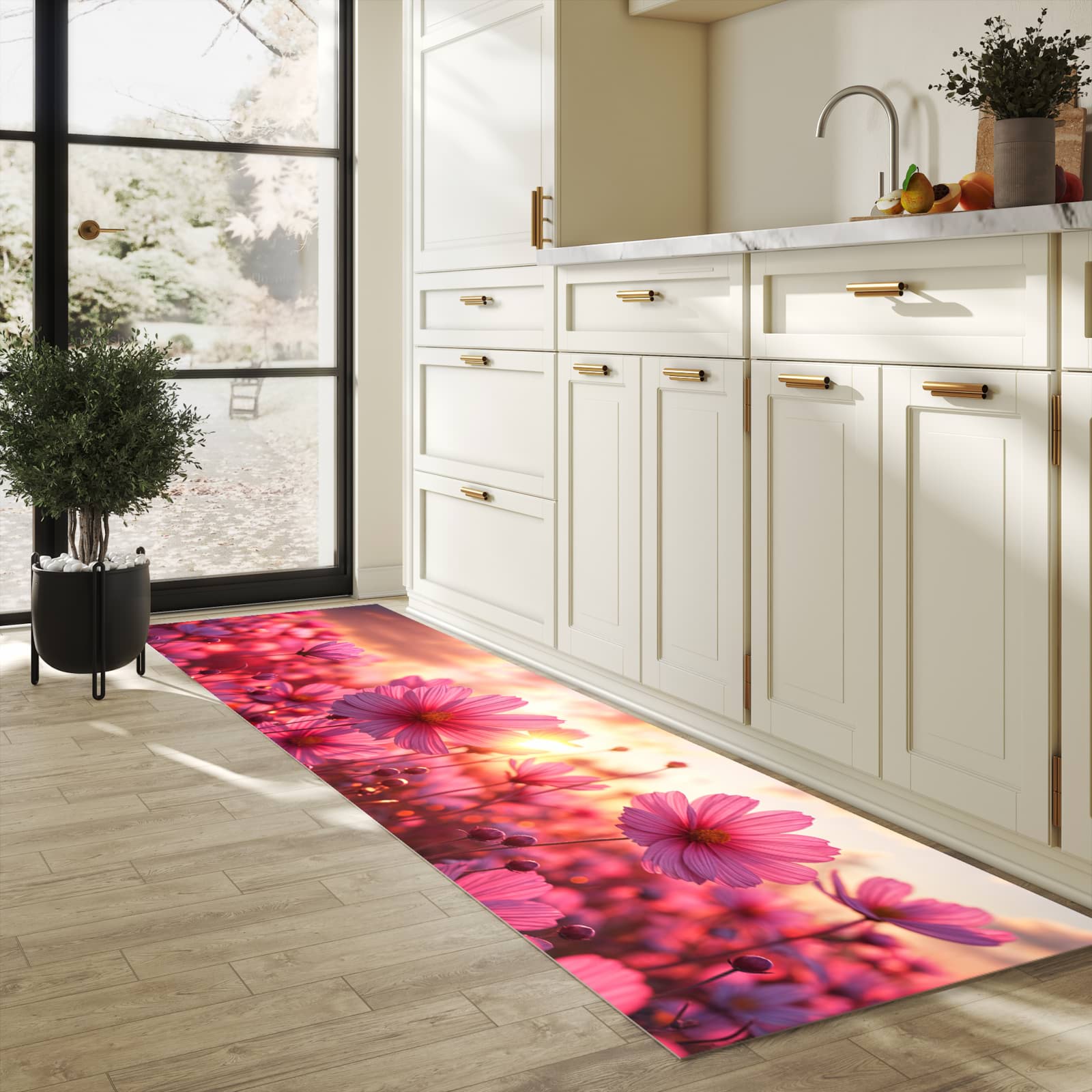Pflegeleichter waschbarer Küchenläufer mit Motiv Blumenfeld Sonnenuntergang in heller Küche