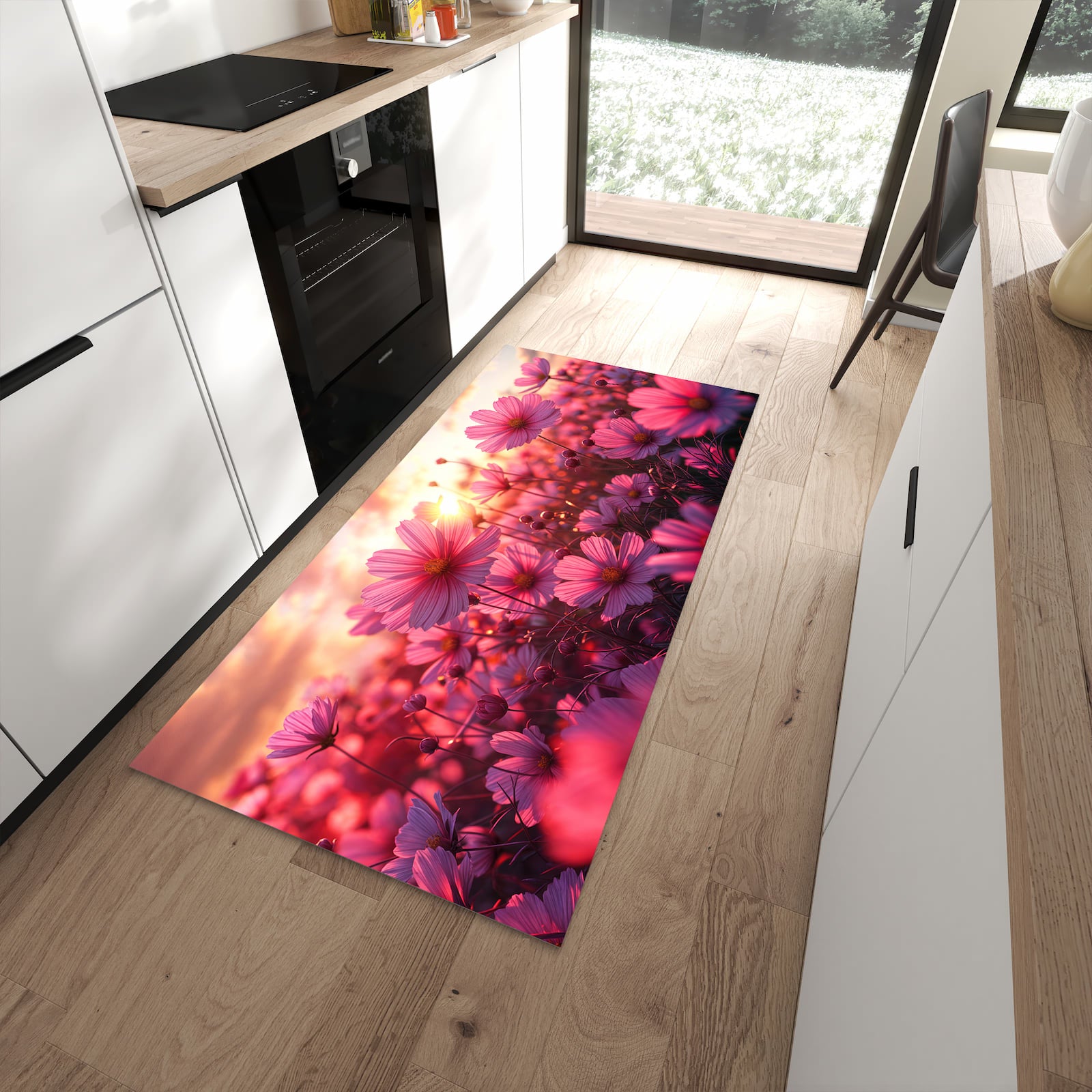 Flacher Küchenteppich mit Motiv Blumenfeld Sonnenuntergang in moderner Küche