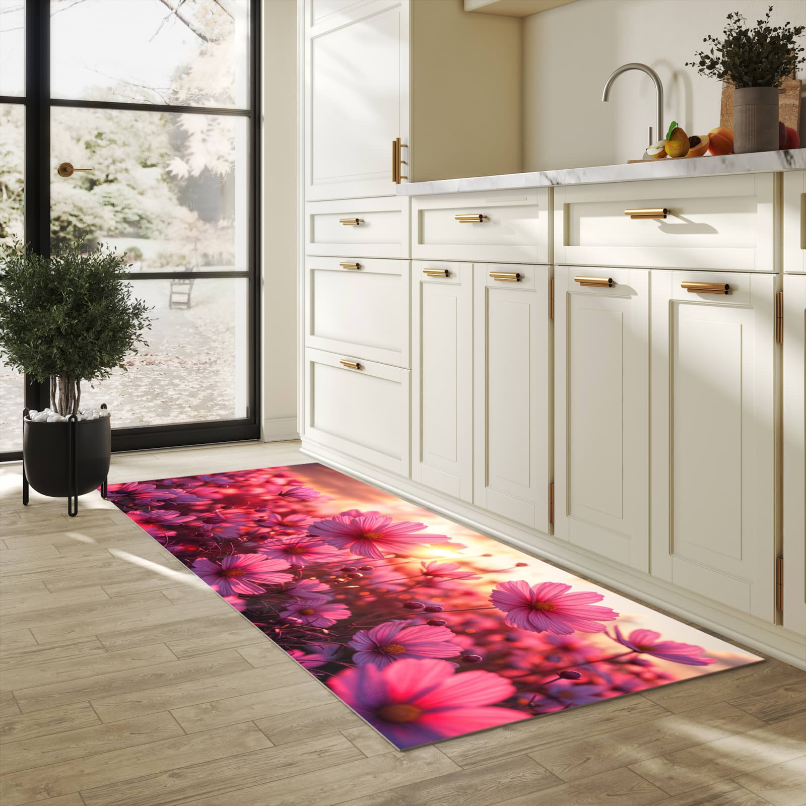 Rutschfester Läufer mit Motiv Blumenfeld Sonnenuntergang für Eingangsbereich in heller Küche