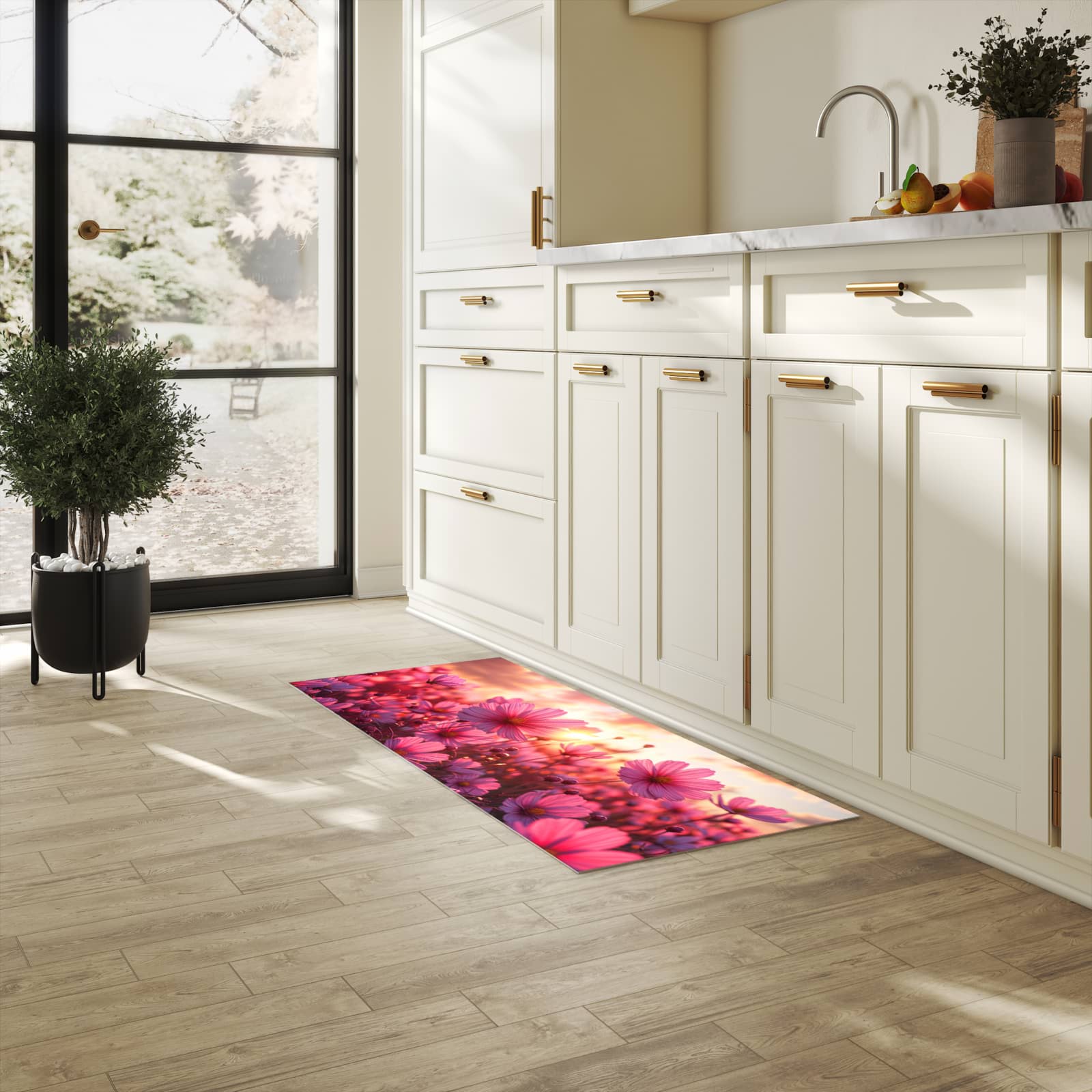 Abriebfester Läufer für die Küche mit Motiv Blumenfeld Sonnenuntergang in heller Küche