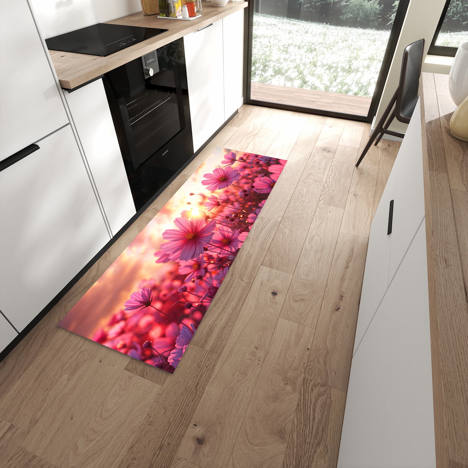 Geräuschdämpfender waschbarer Küchenläufer mit Motiv Blumenfeld Sonnenuntergang in moderner Küche