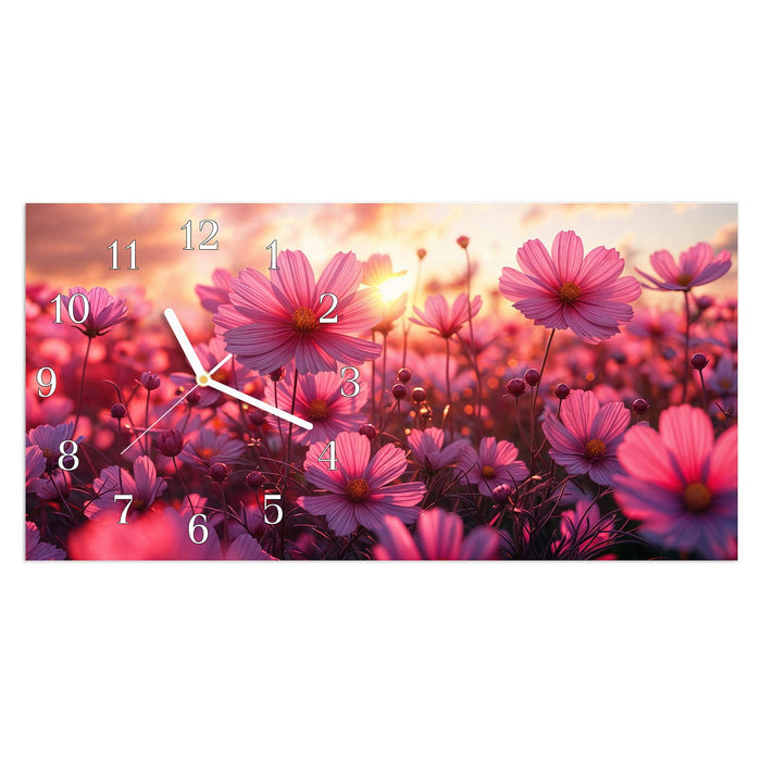 Wanduhr Blumenfeld Sonnenuntergang aus Glas – Querformat 60 × 30 cm mit Ziffernblatt Klassisch