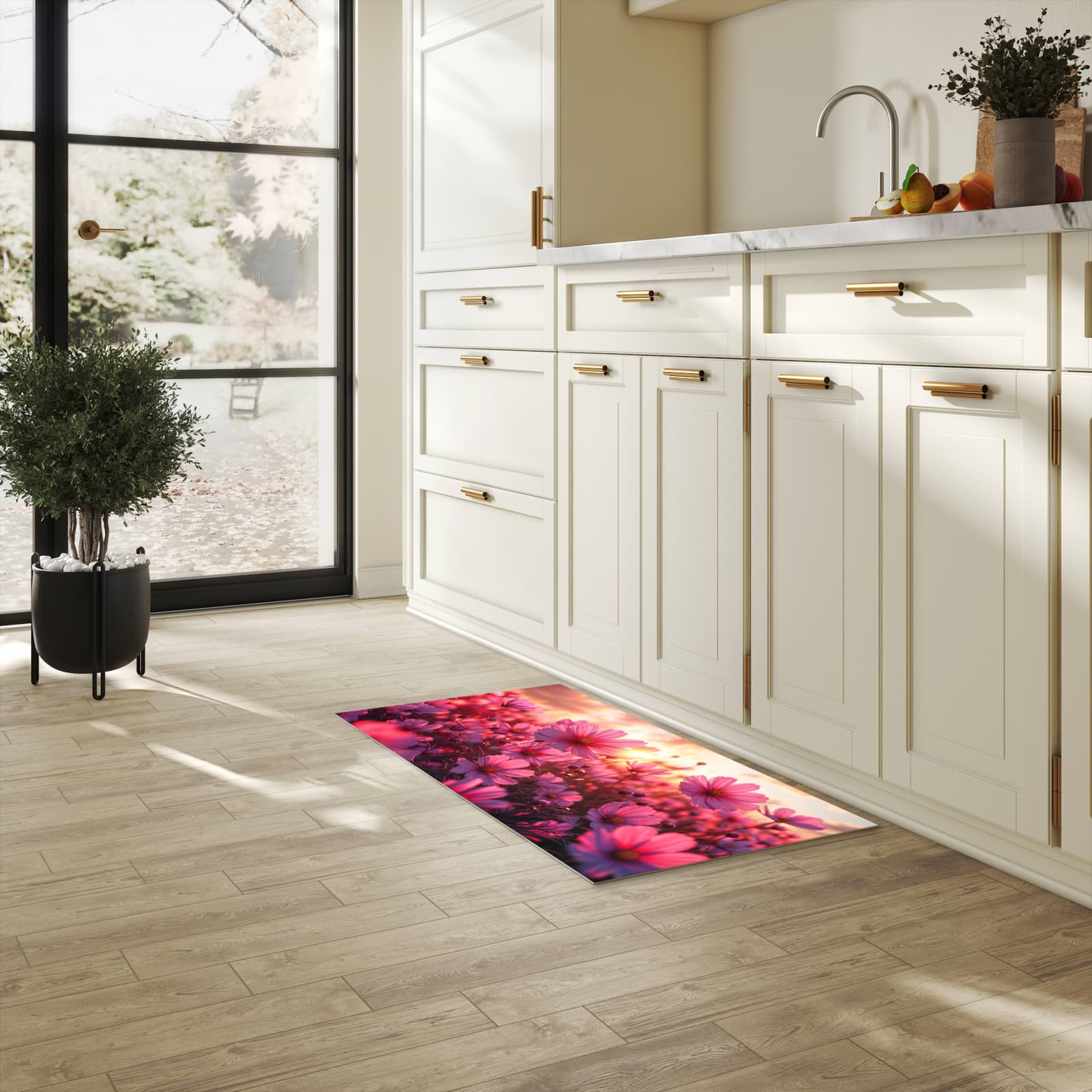 Rutschfester Küchenteppich mit Motiv Blumenfeld Sonnenuntergang in heller Küche