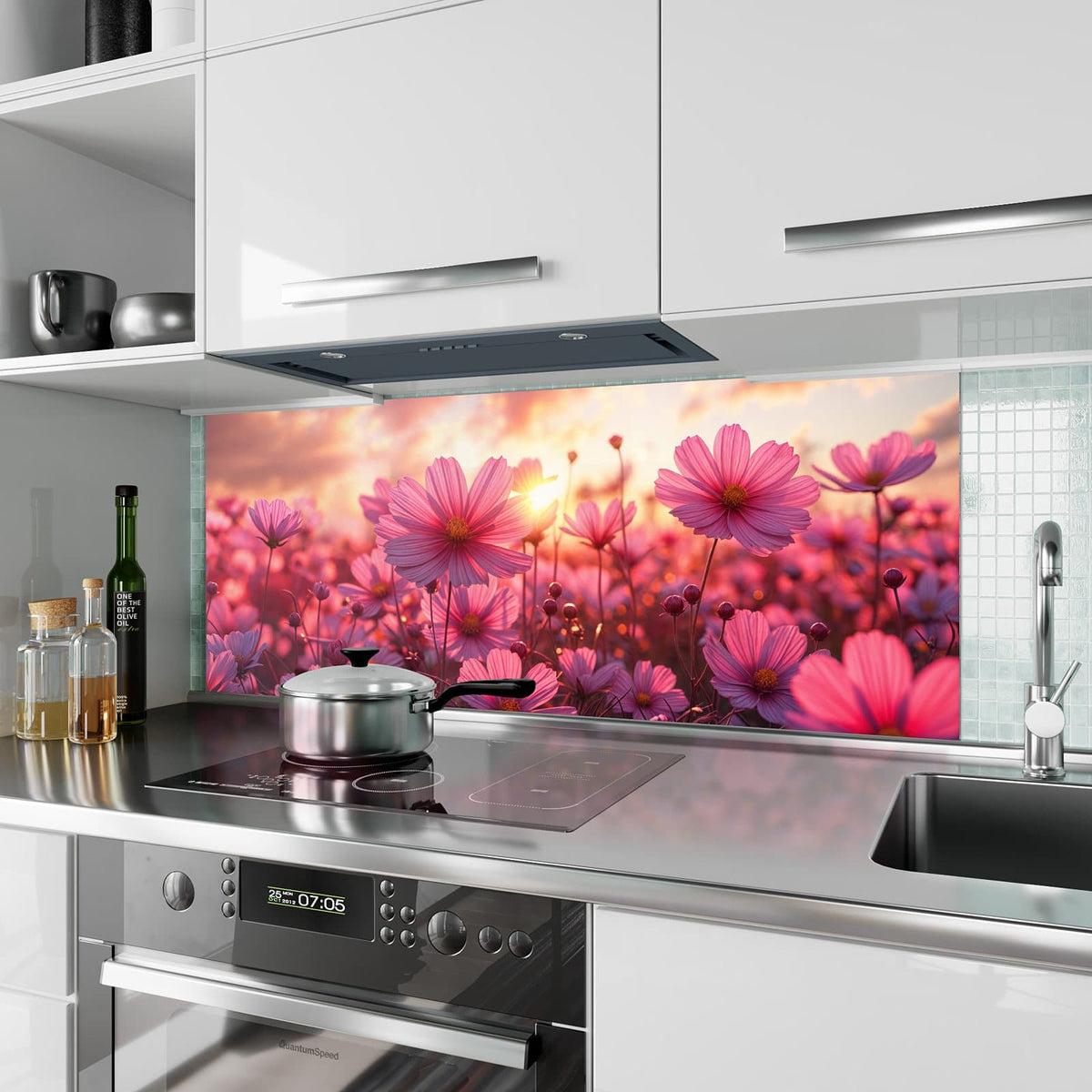 Küchenrückwand Cosmeen im Abendlicht aus Glas – Rosa Cosmeen im Abendlicht