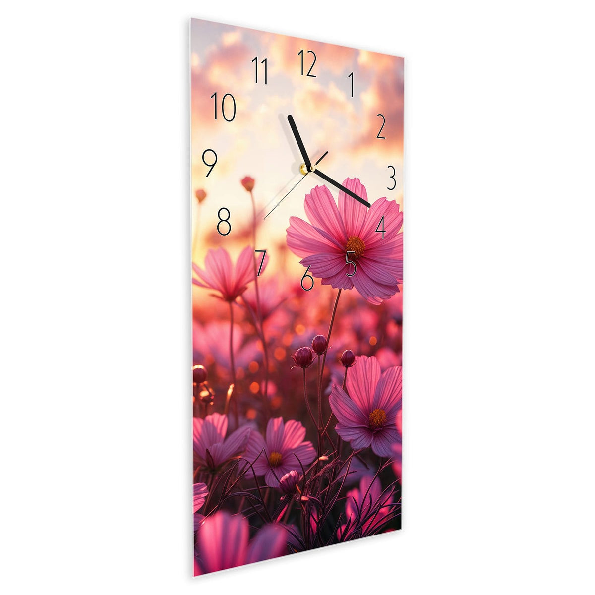 Wanduhr aus Glas im Hochformat Cosmeen im Abendlicht schräg von der Seite, 4 mm starkes Glas