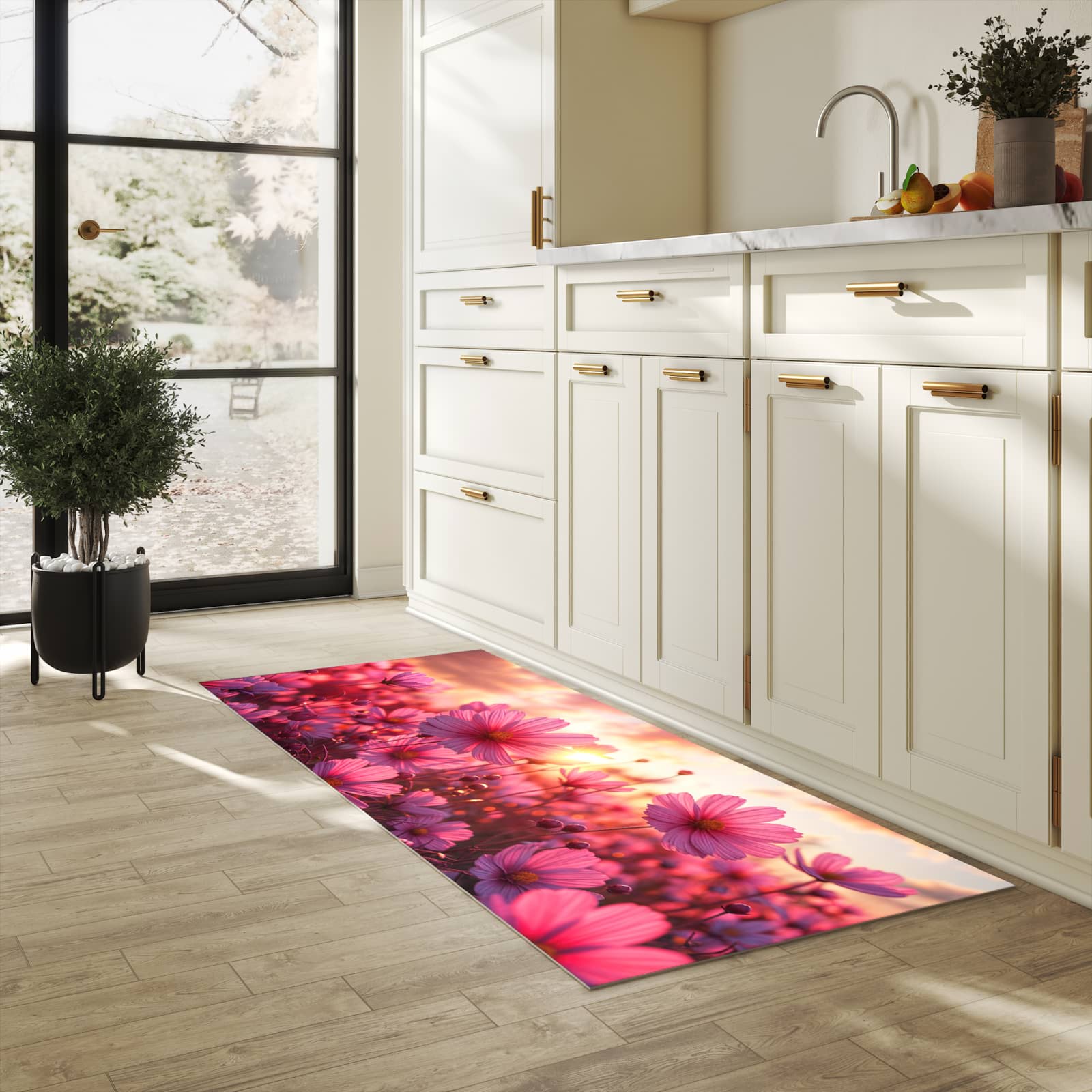 Geruchsneutraler Küchenläufer mit Motiv Blumenfeld Sonnenuntergang in heller Küche