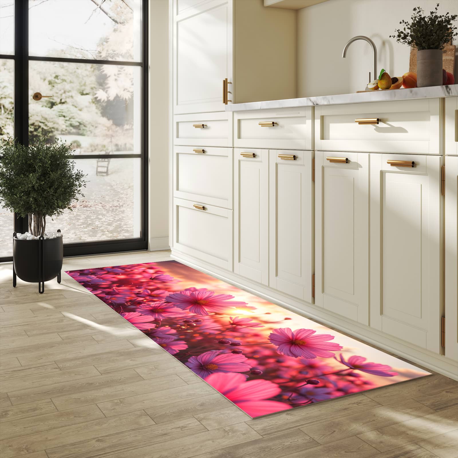Langlebiger Teppichläufer mit Motiv Blumenfeld Sonnenuntergang in heller Küche