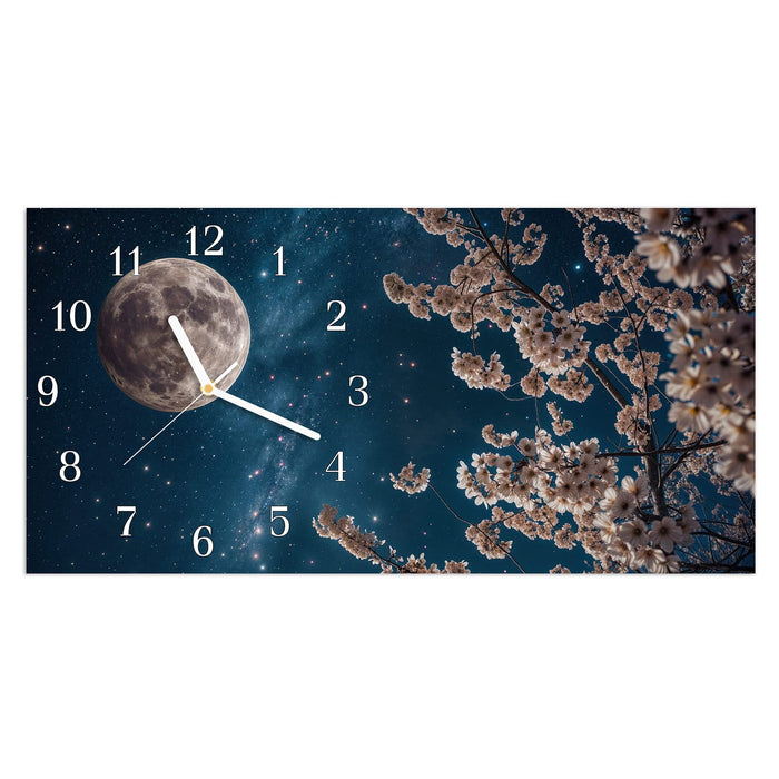 Wanduhr Blüten im Mondlicht aus Glas – Querformat 60 × 30 cm mit Ziffernblatt Klassisch