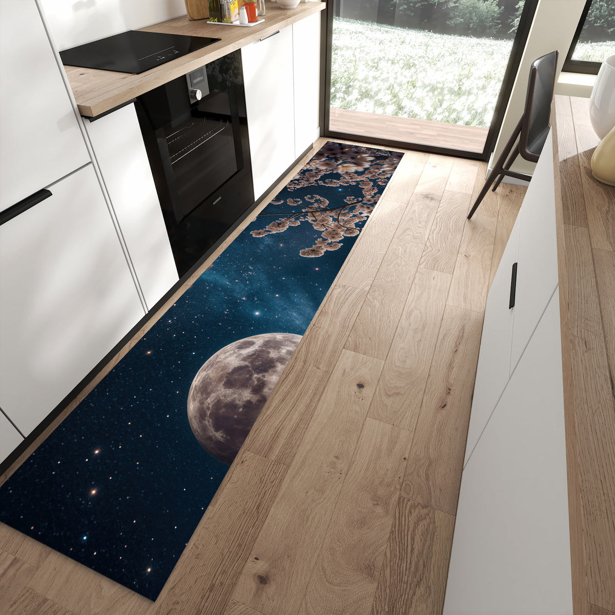 Langlebiger waschbarer Küchenteppich mit Motiv Mondblumen Nacht in moderner Küche