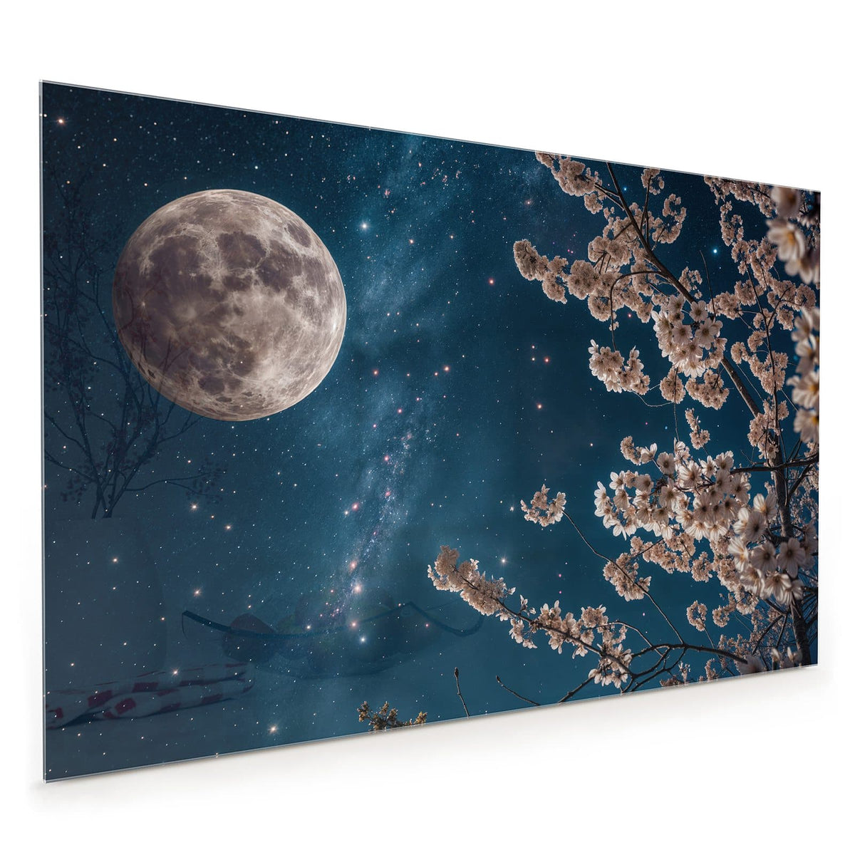 Küchenrückwand aus Glas im Hochformat mit Motiv Blüten unter Sternen: Zweige mit weißen Kirschblüten vor tiefblauem Sternenhimmel mit Milchstraße