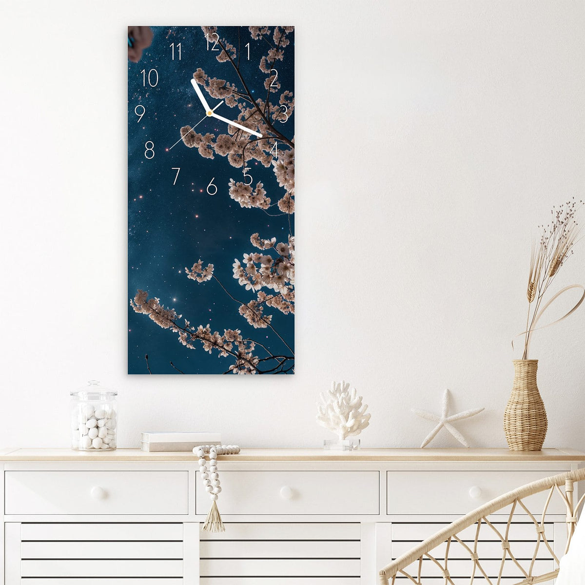 Wanduhr Wanduhr Blüten im Mondlicht aus Glas – Hochformat 30 × 60 cm aus Glas – Kirschblüten vor großem Vollmond