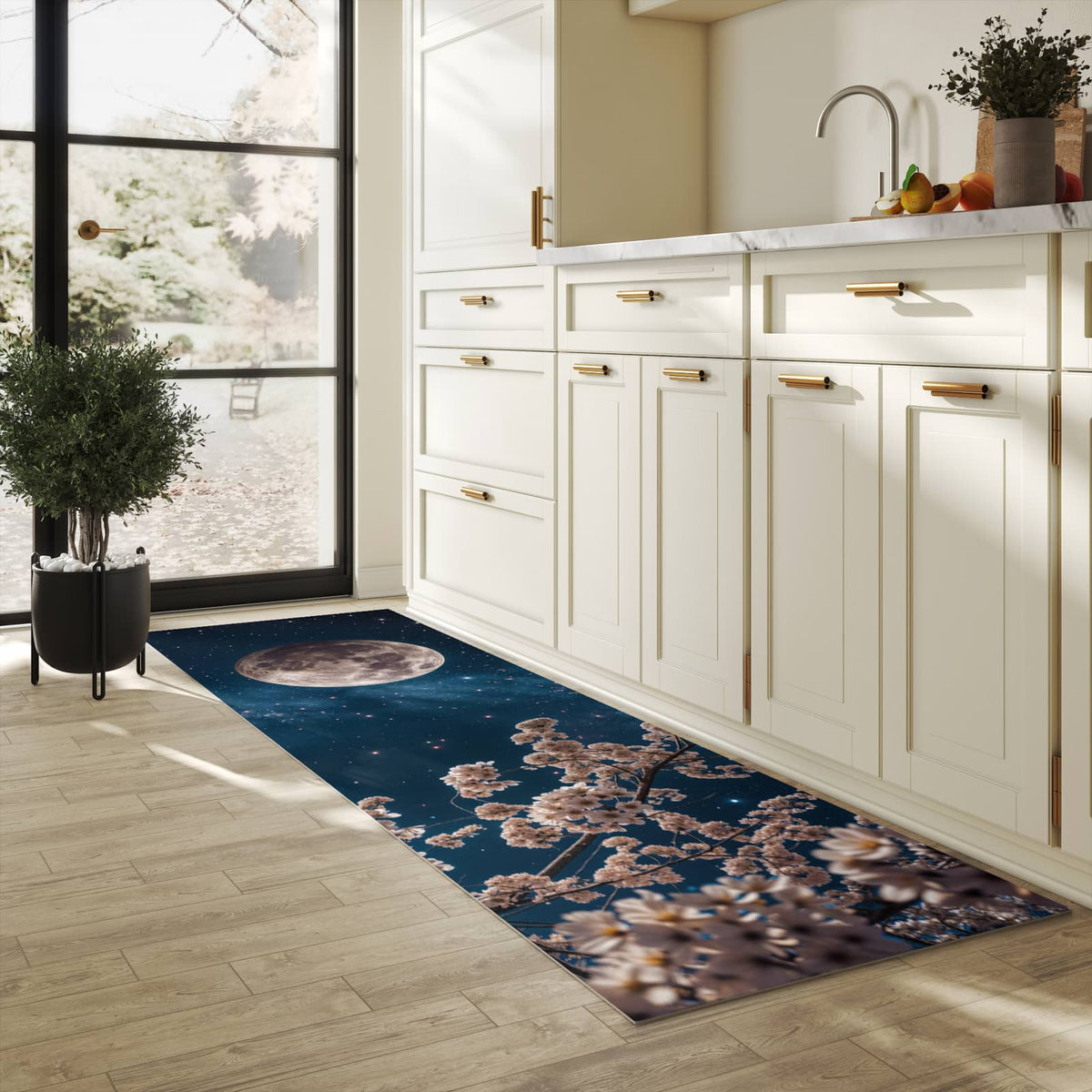 Hygienischer Küchenteppich mit Motiv Mondblumen Nacht in heller Küche