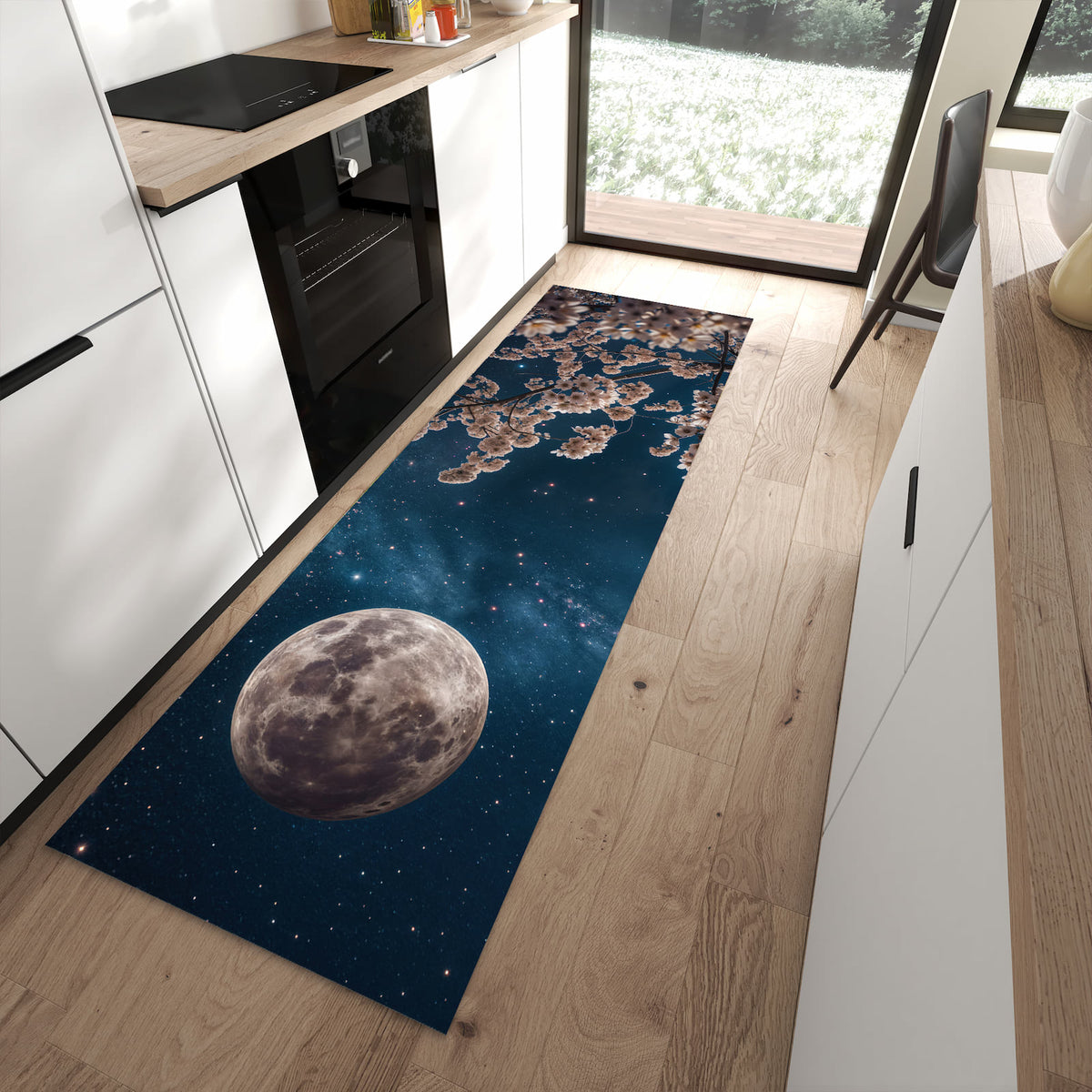 Bodenschonender Küchenteppich mit Motiv Mondblumen Nacht in moderner Küche