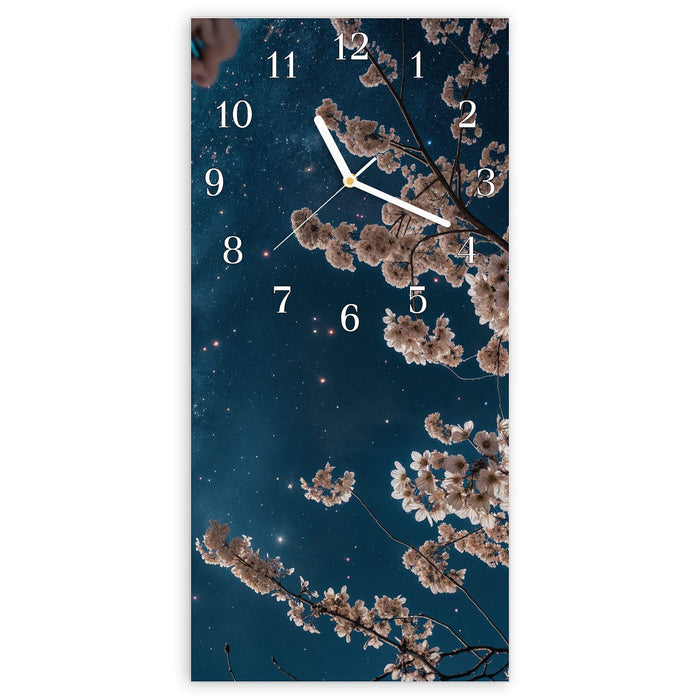 Wanduhr Blüten im Mondlicht aus Glas – Hochformat 30 × 60 cm mit Ziffernblatt Klassisch