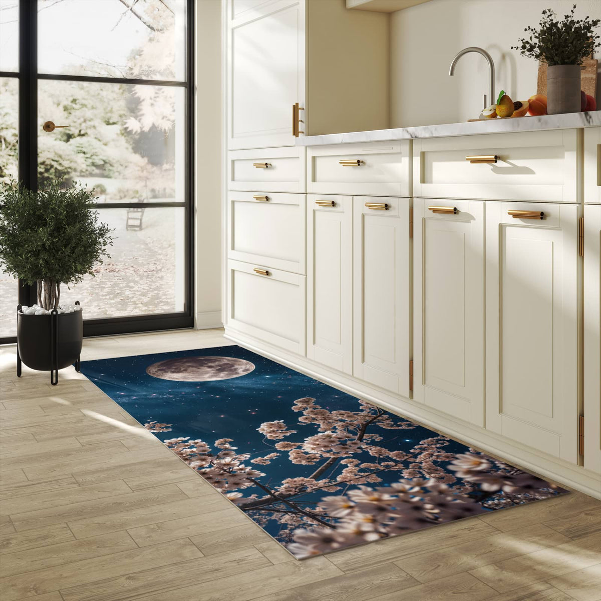 Langlebiger Küchenteppich mit Motiv Mondblumen Nacht in heller Küche
