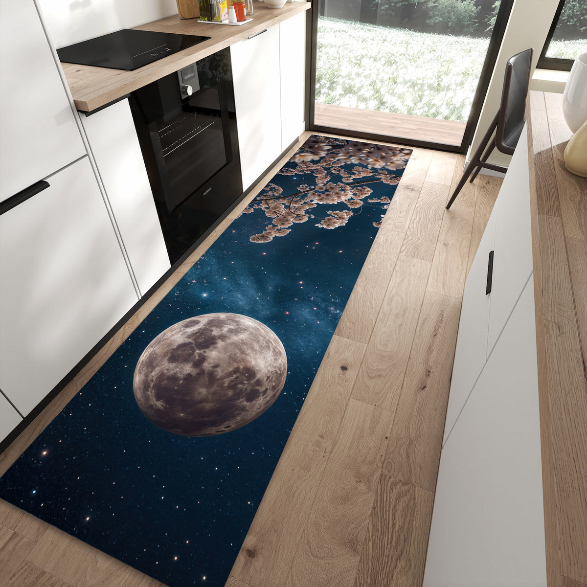 Bodenschonender Küchenläufer mit Motiv Mondblumen Nacht in moderner Küche
