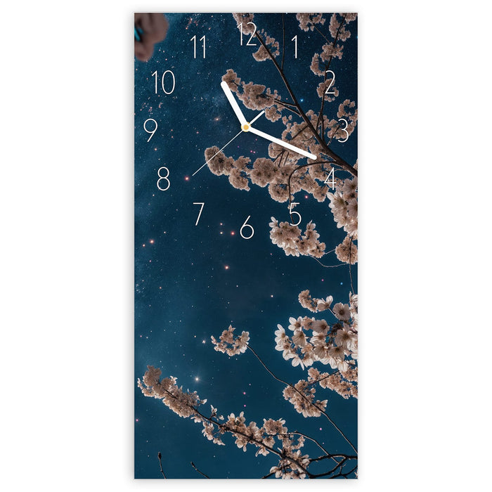 Wanduhr Blüten im Mondlicht aus Glas – Hochformat 30 × 60 cm mit Ziffernblatt Elegant