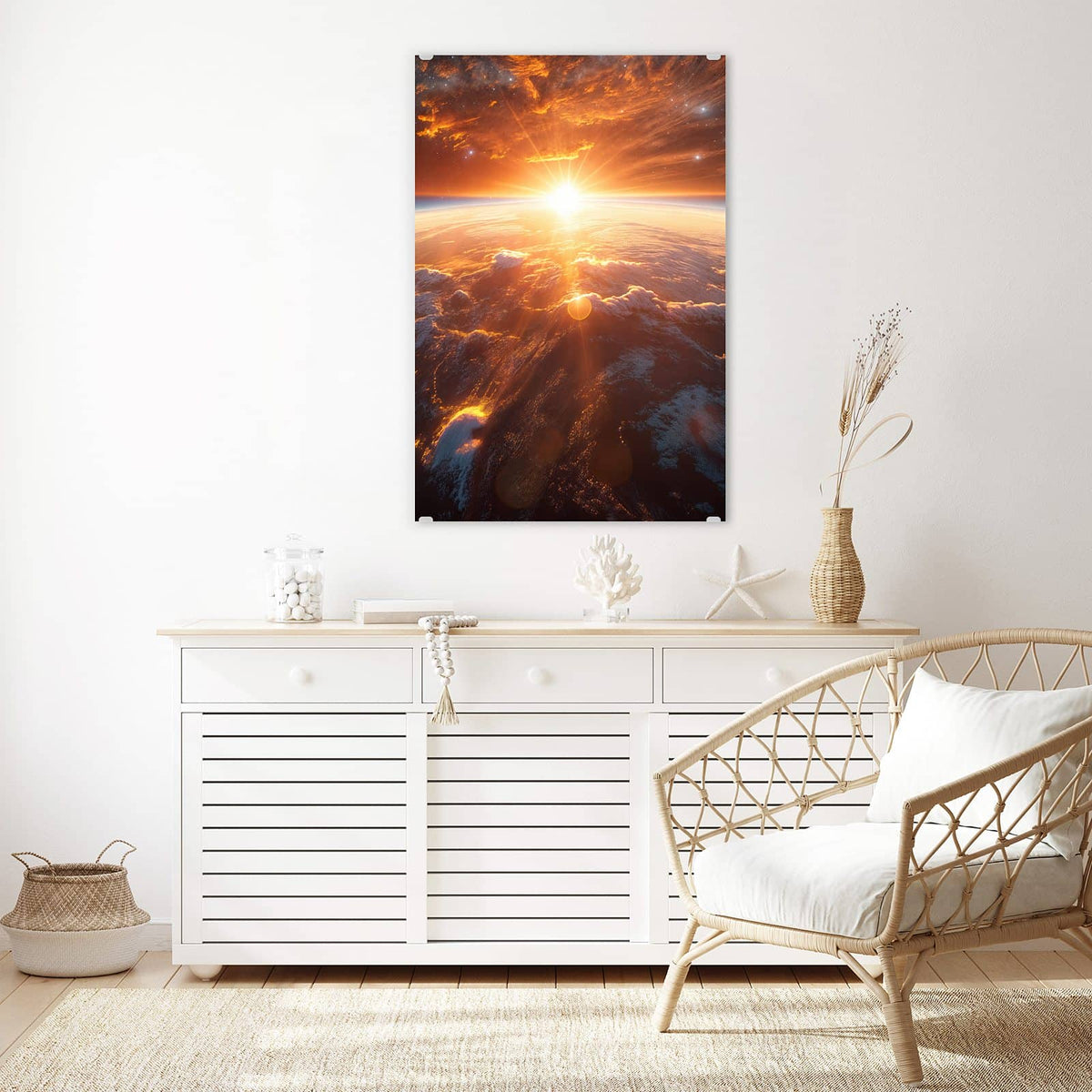 Glasbild Morgenrot über der Erde an der Wand – Sonne geht über der Erdkrümmung auf, orange glühende Wolkenfelder