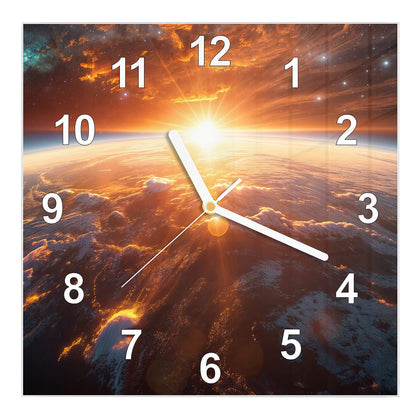 Wanduhr Quadratisch mit dem Motiv Morgenrot über der Erde