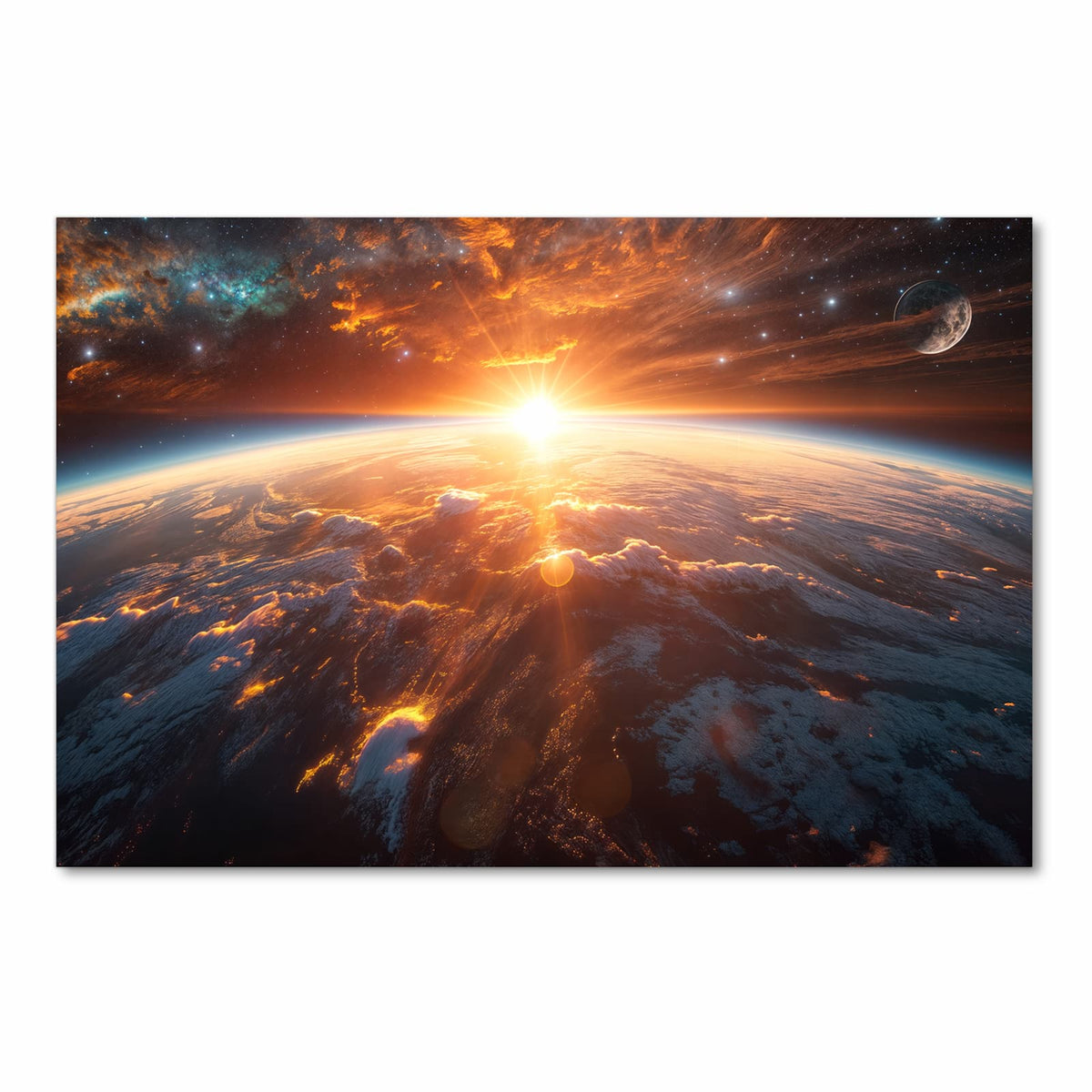 Sonne geht über der Erdkrümmung auf, orange glühende Wolkenfelder