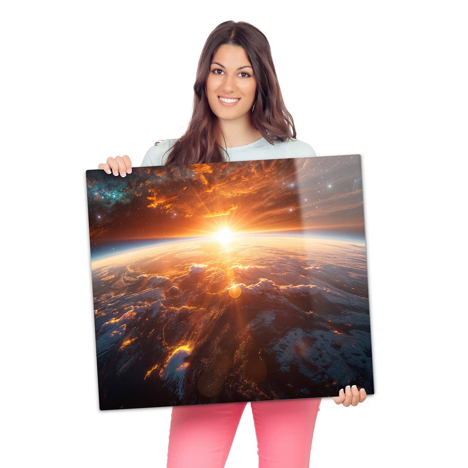 Ceranfeld-Abdeckplatten mit Sonnenaufgang Erde-Motiv werden zur Größendarstellung gehalten