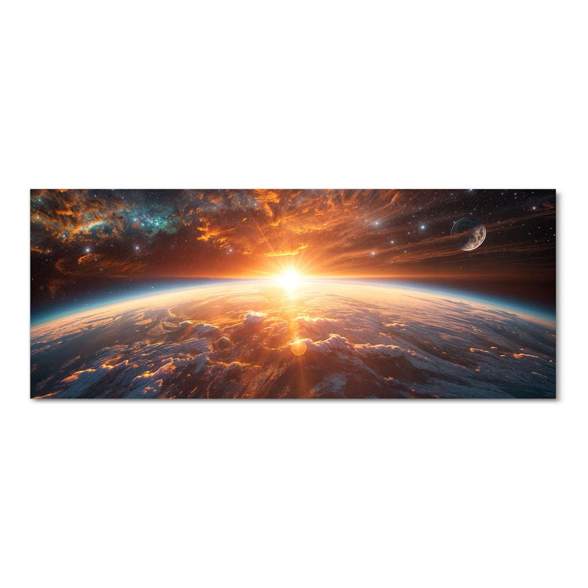 Sonne geht über der Erdkrümmung auf, orange glühende Wolkenfelder