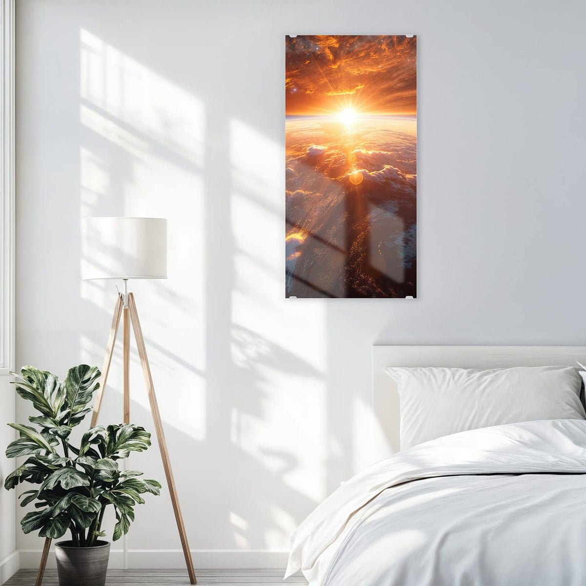 Glasbild Morgenrot über der Erde an der Wand – Sonne geht über der Erdkrümmung auf, orange glühende Wolkenfelder