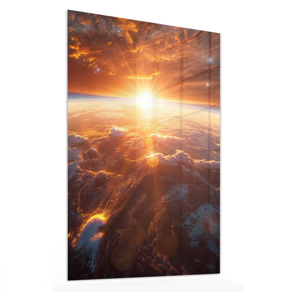 Glasbild Morgenrot über der Erde von der Seite, 4 mm Echtglas