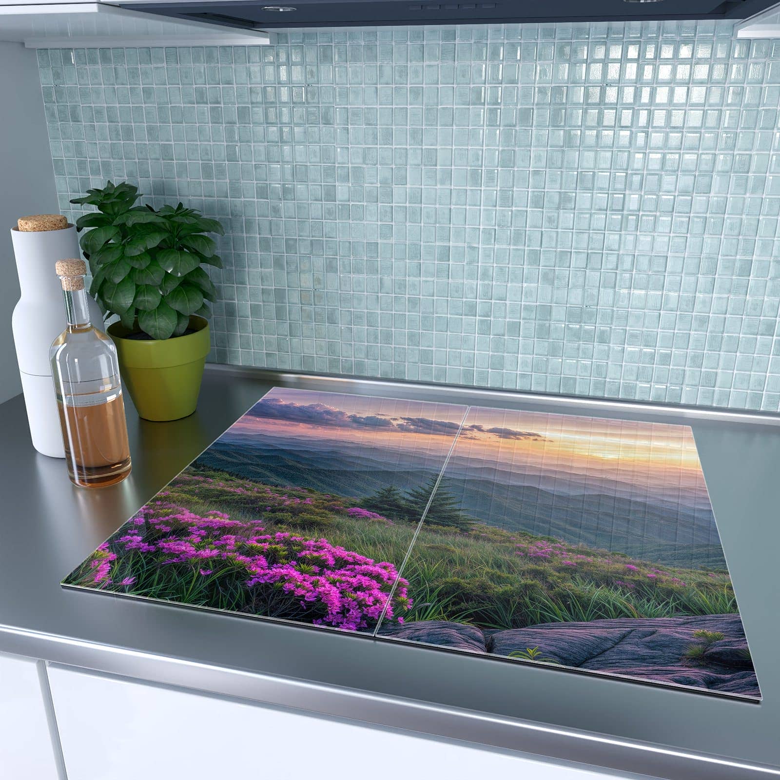 2-teilige Glasplatte für Herd mit Berglandschaft Blumen-Motiv auf dem Ceranfeld