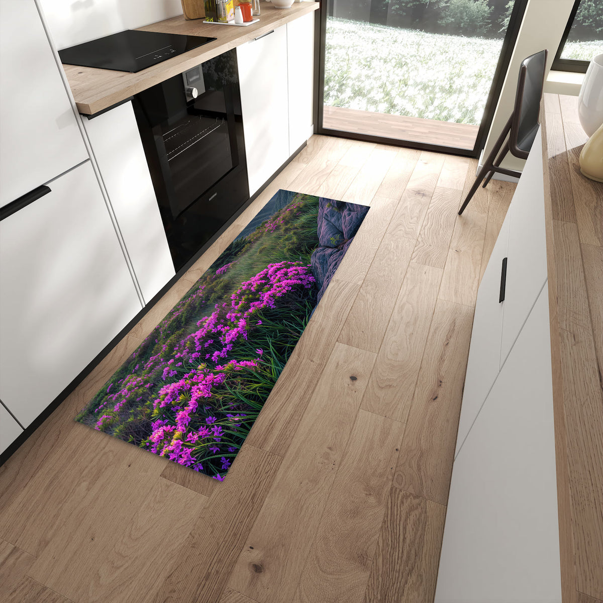 Geräuschdämpfender Küchenteppich mit Motiv Berglandschaft Blumen in moderner Küche