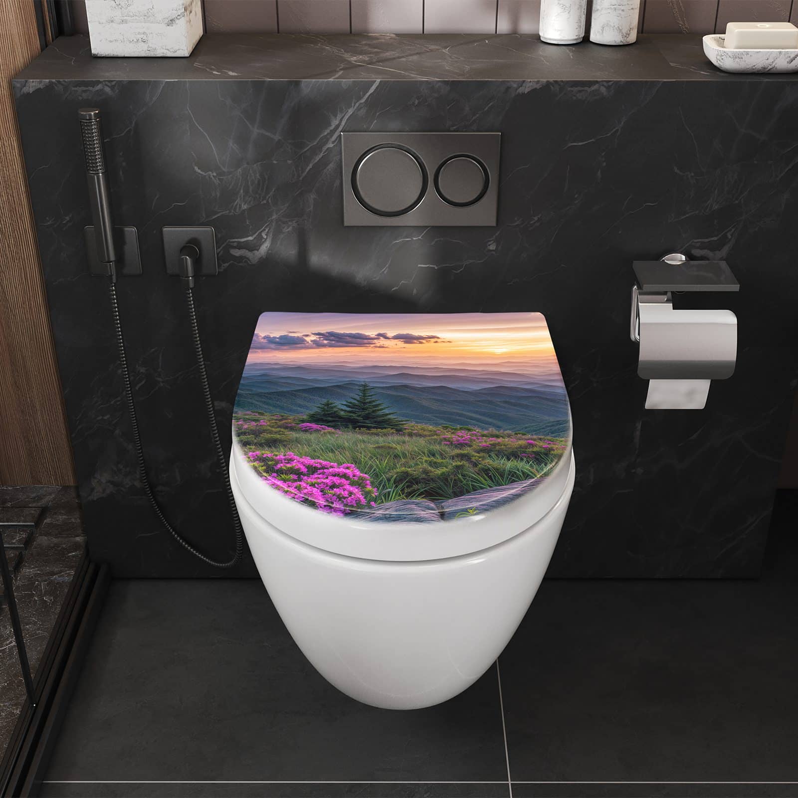 WC-Sitz mit Absenkautomatik Berglandschaft Blumen