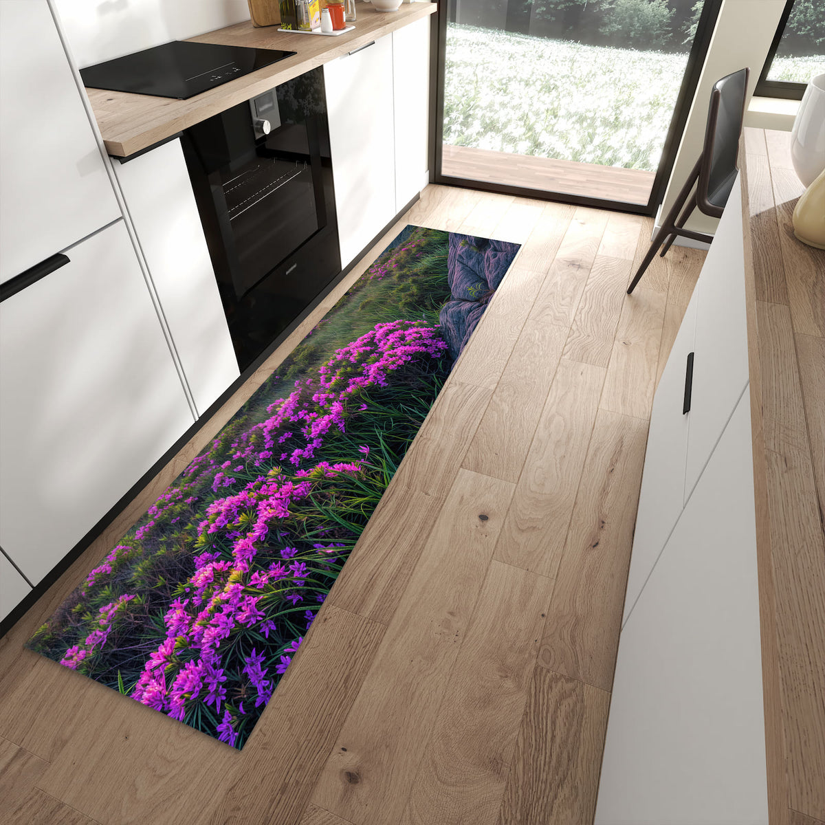 Abriebfester Küchenteppich mit Motiv Berglandschaft Blumen in moderner Küche