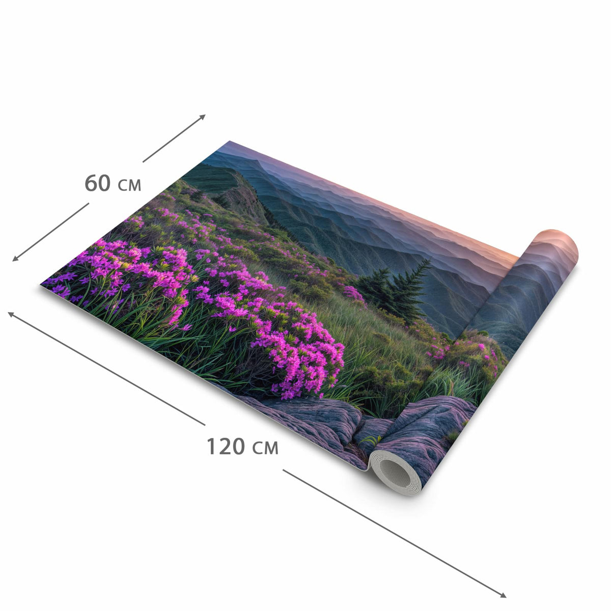 Waschbarer Küchenläufer mit Motiv Berglandschaft Blumen in der Grösse 60x240 cm