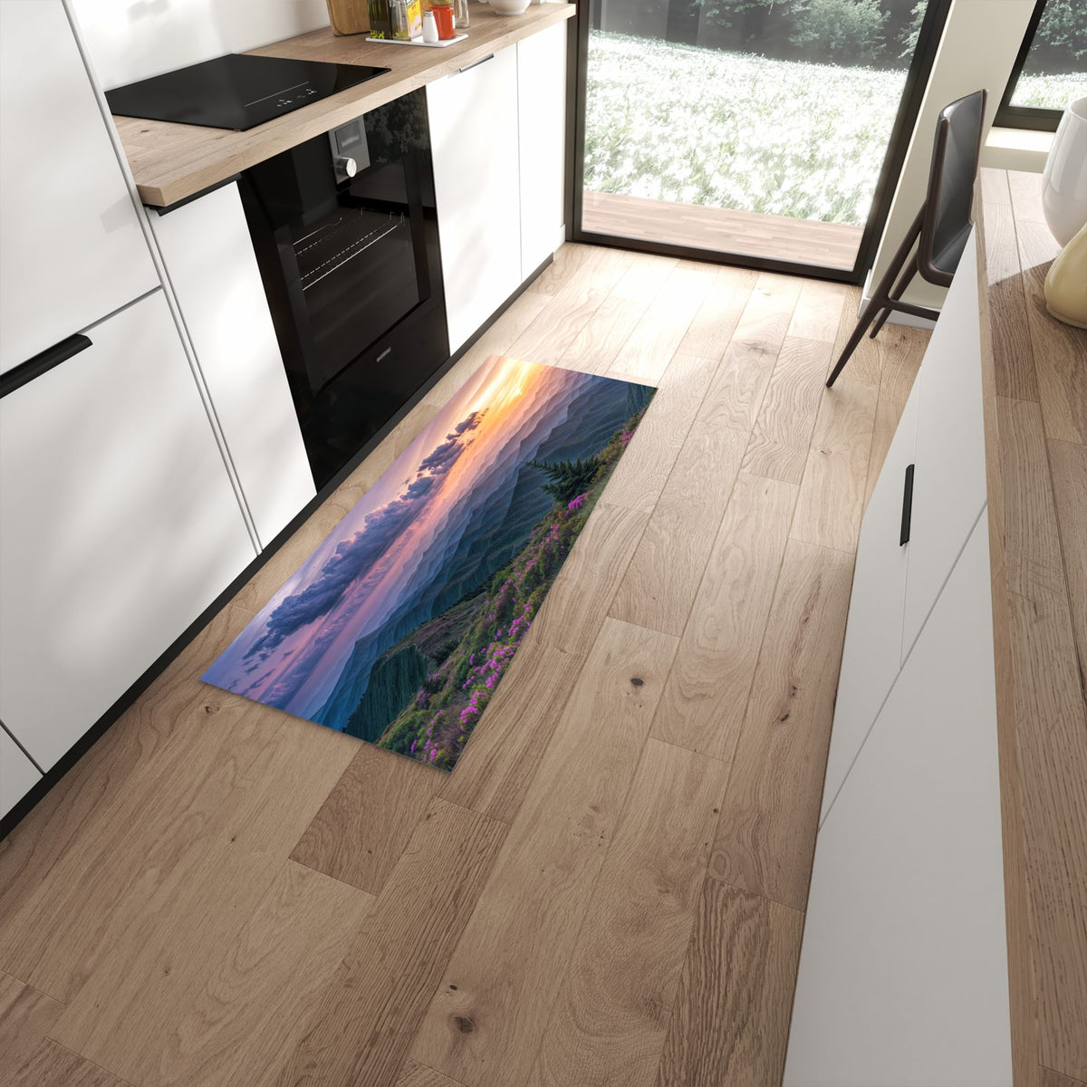 Zeitsparender abwaschbarer Küchenteppich mit Motiv Berglandschaft Blumen in moderner Küche #grösse_60 x 150 cm