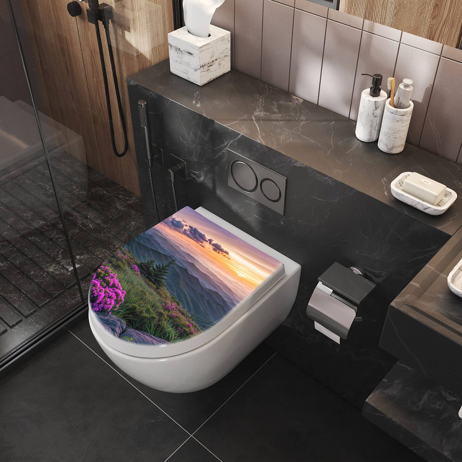 WC-Sitz mit Absenkautomatik Berglandschaft Blumen