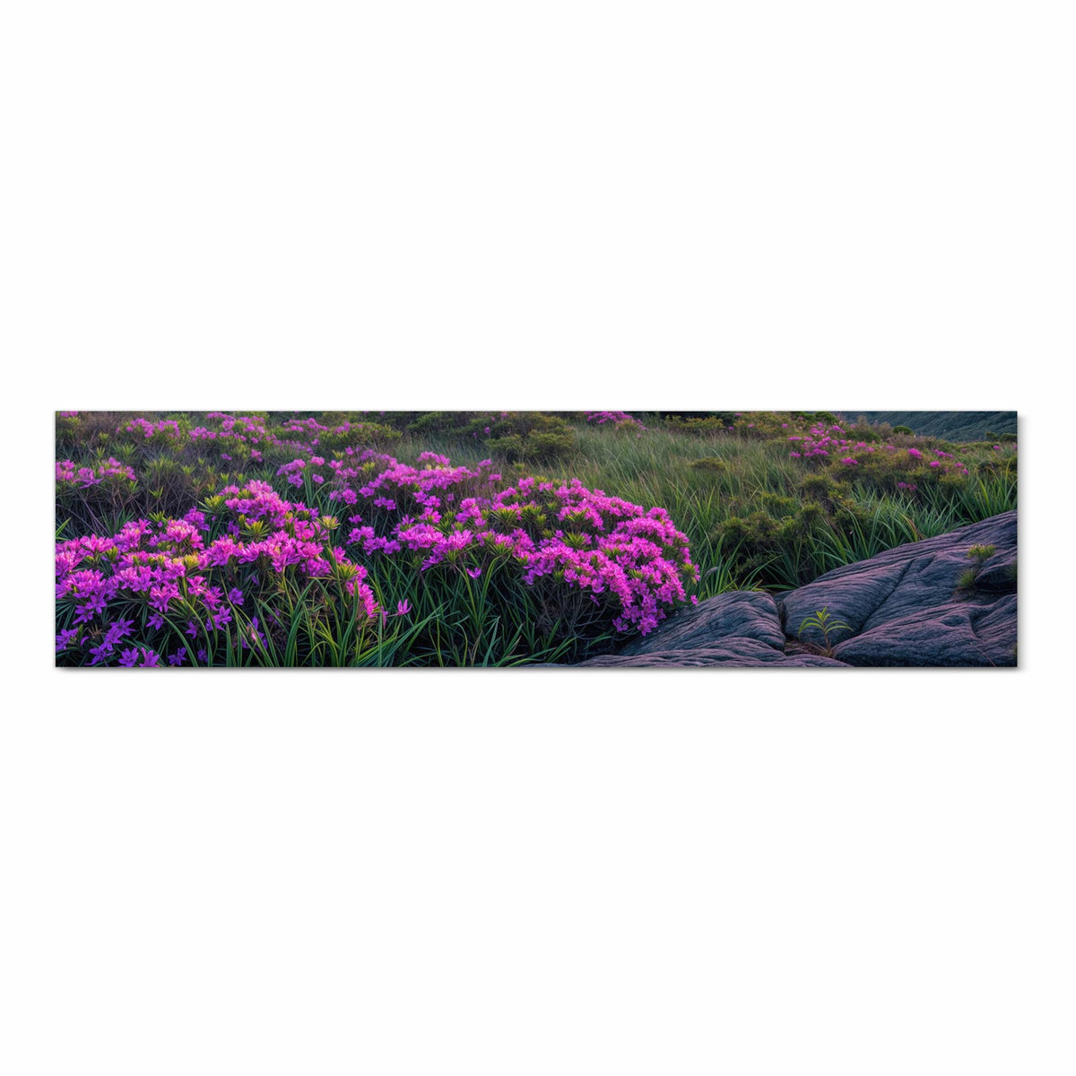 Langlebiger Küchenvorleger mit Motiv Berglandschaft Blumen in Frontansicht