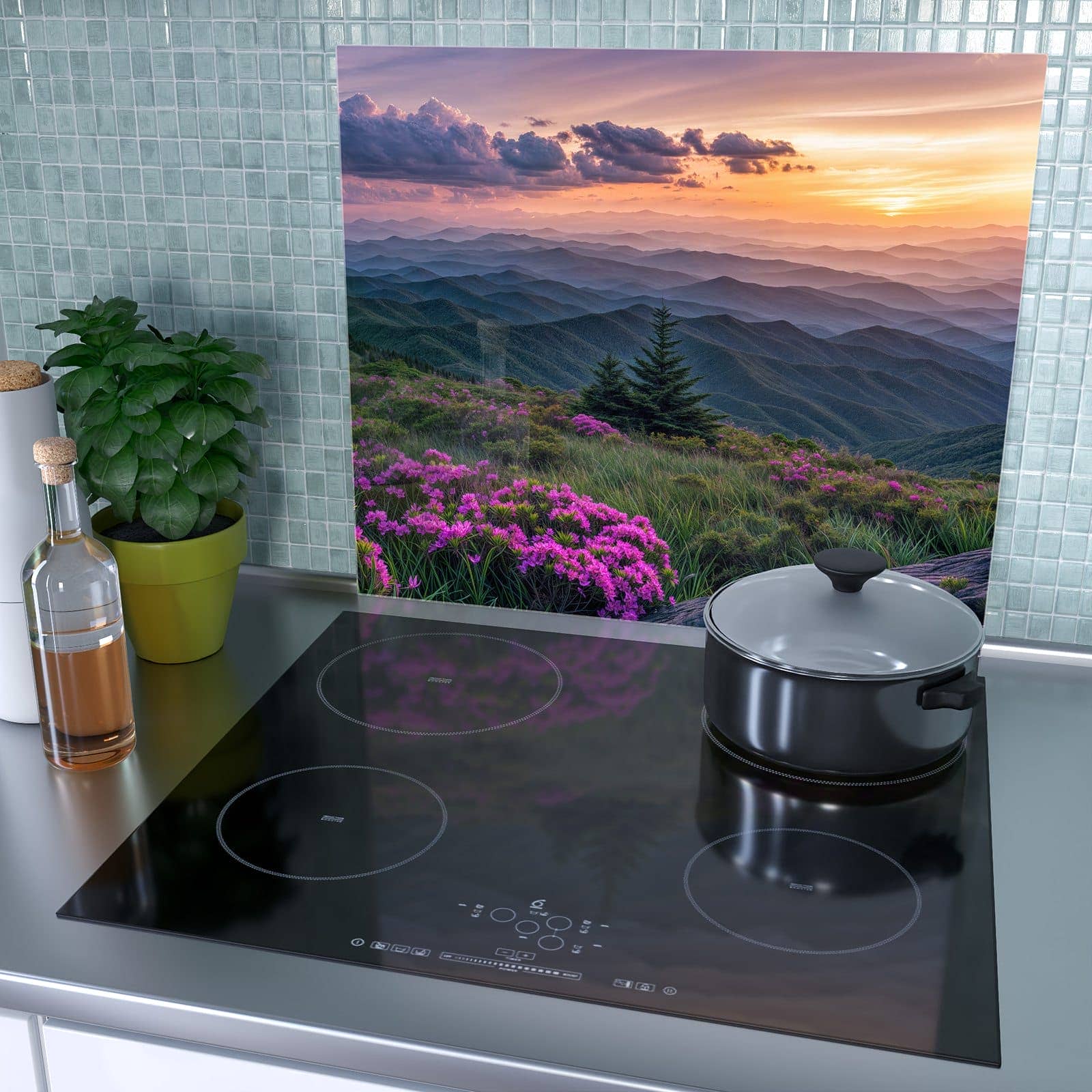 1-teilige Abdeckplatten für Herd mit Berglandschaft Blumen-Motiv als Spritzschutz hinter dem Kochfeld