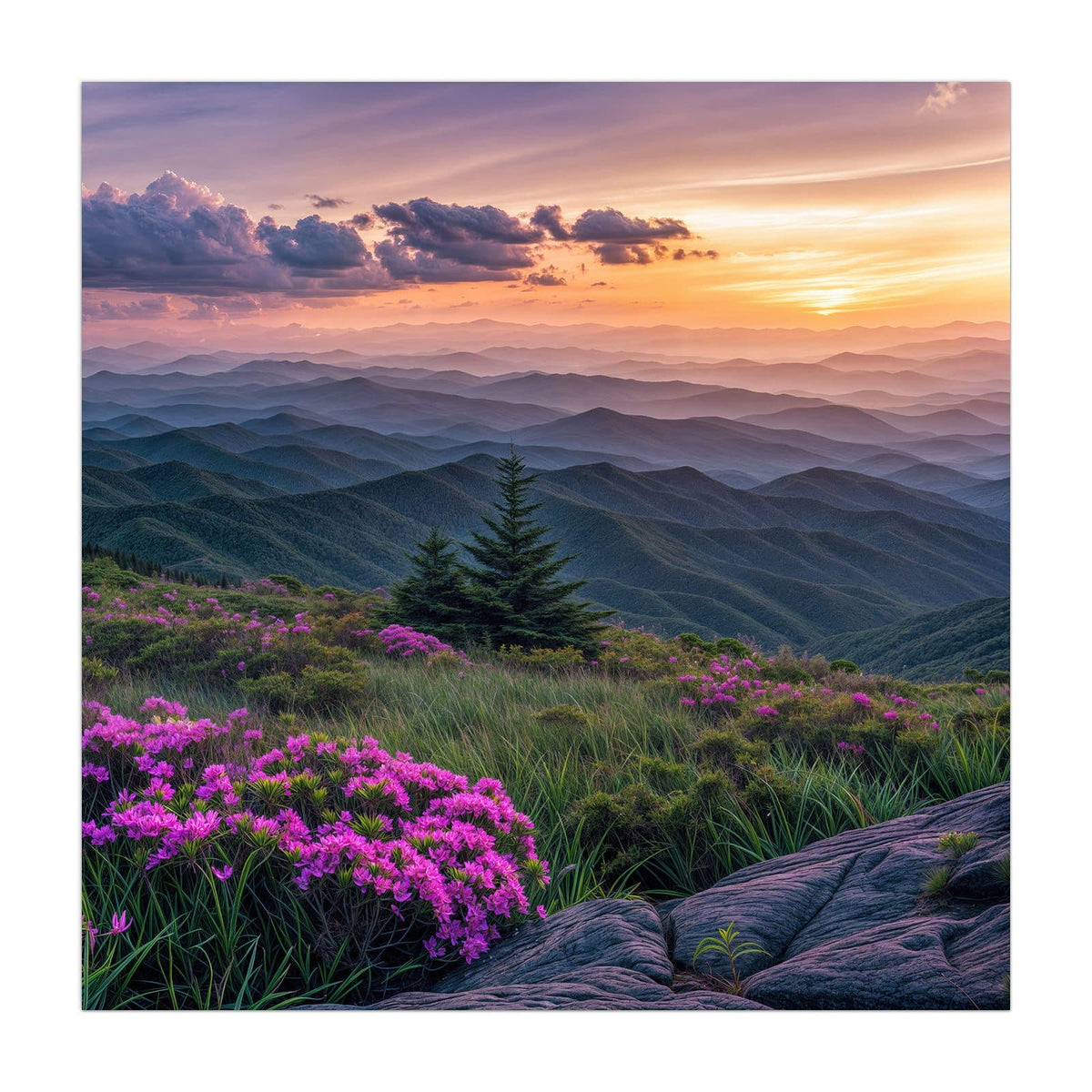 Küchenrückwand aus Glas Blüten vor Bergketten im quadratischen Format, Motiv bildfüllend von vorn #grösse_40 x 40 cm #grösse_50 x 50 cm #grösse_60 x 60 cm