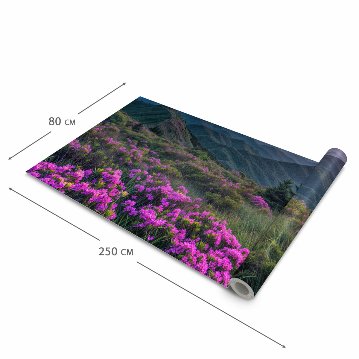 Bodenschonender Teppich fürs Esszimmer mit Motiv Berglandschaft Blumen in der Größe 60x240 cm