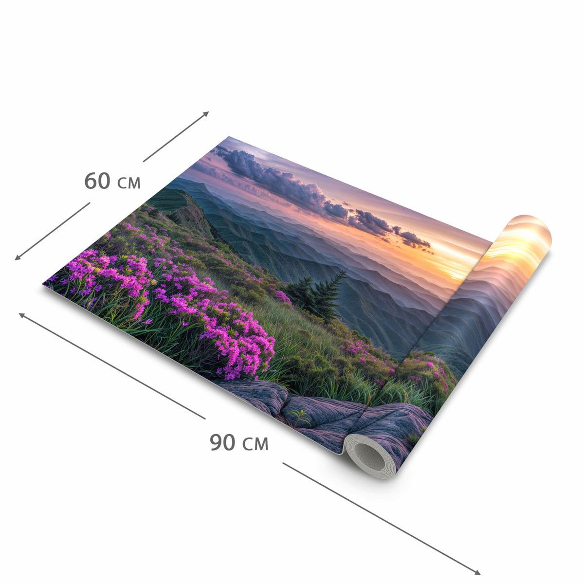 Rutschfester dünner Teppich mit Motiv Berglandschaft Blumen in der Grösse 60x240 cm
