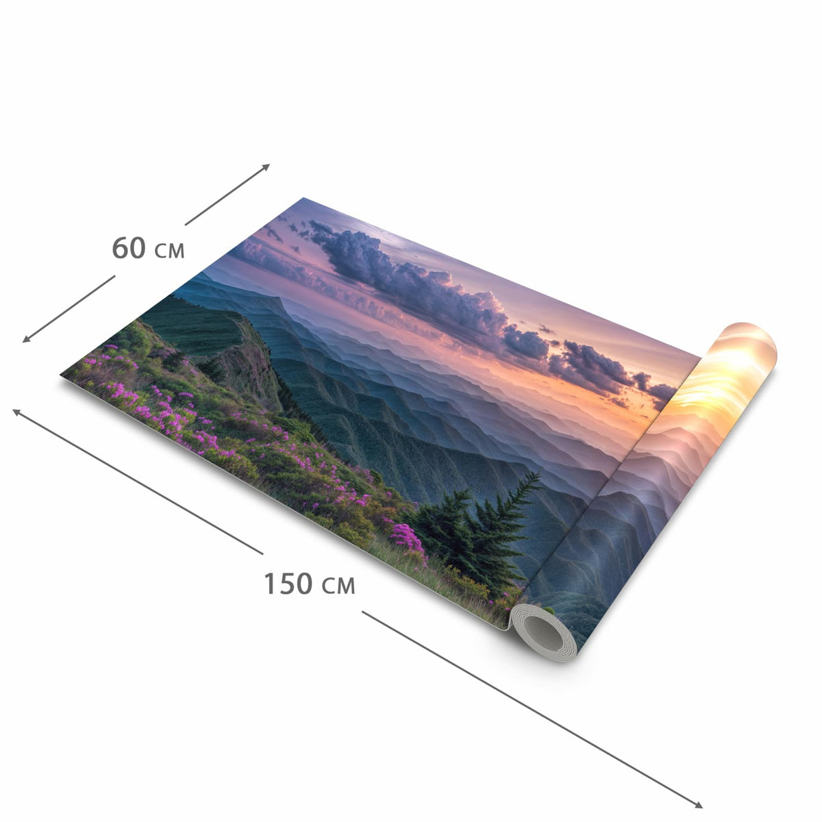 Waschbarer Küchenläufer mit Motiv Berglandschaft Blumen in der Größe 60x240 cm für angenehme Haptik