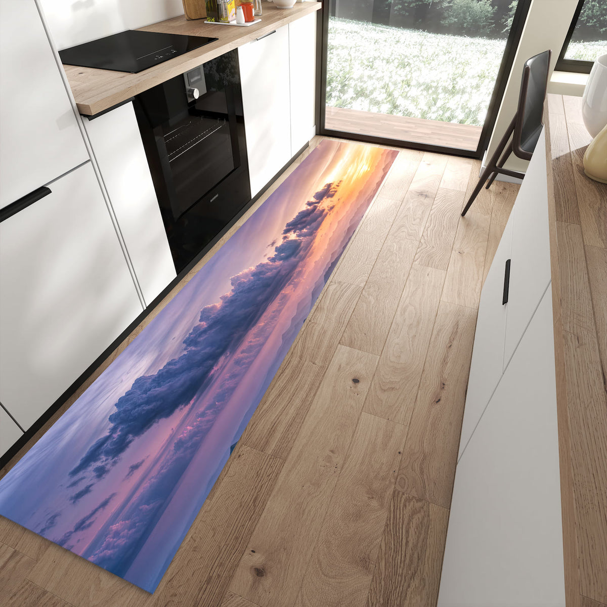 Komfortabler Küchenteppich mit Motiv Berglandschaft Blumen in moderner Küche